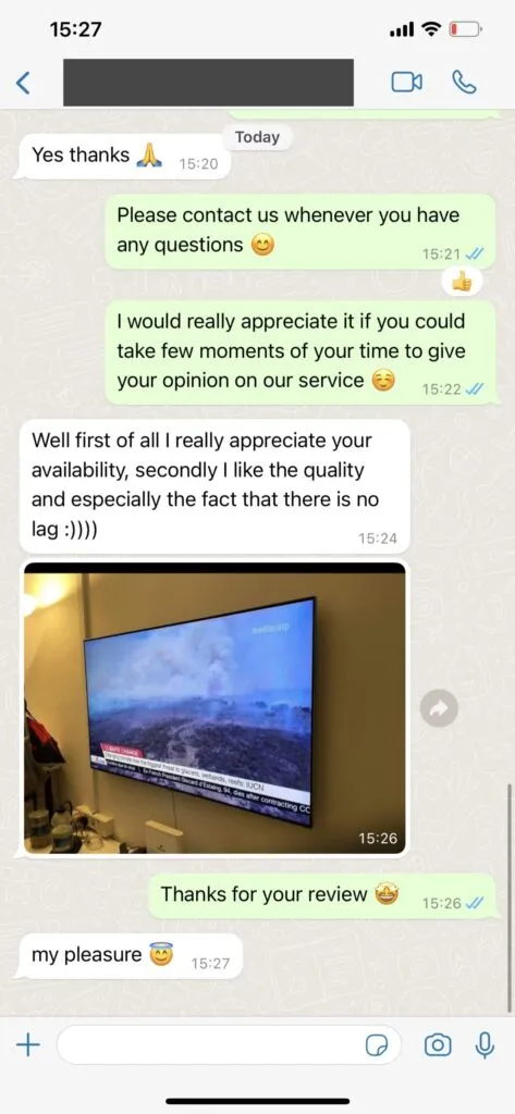 Capture d écran avis et assistance client WhatsApp Aero TV 2